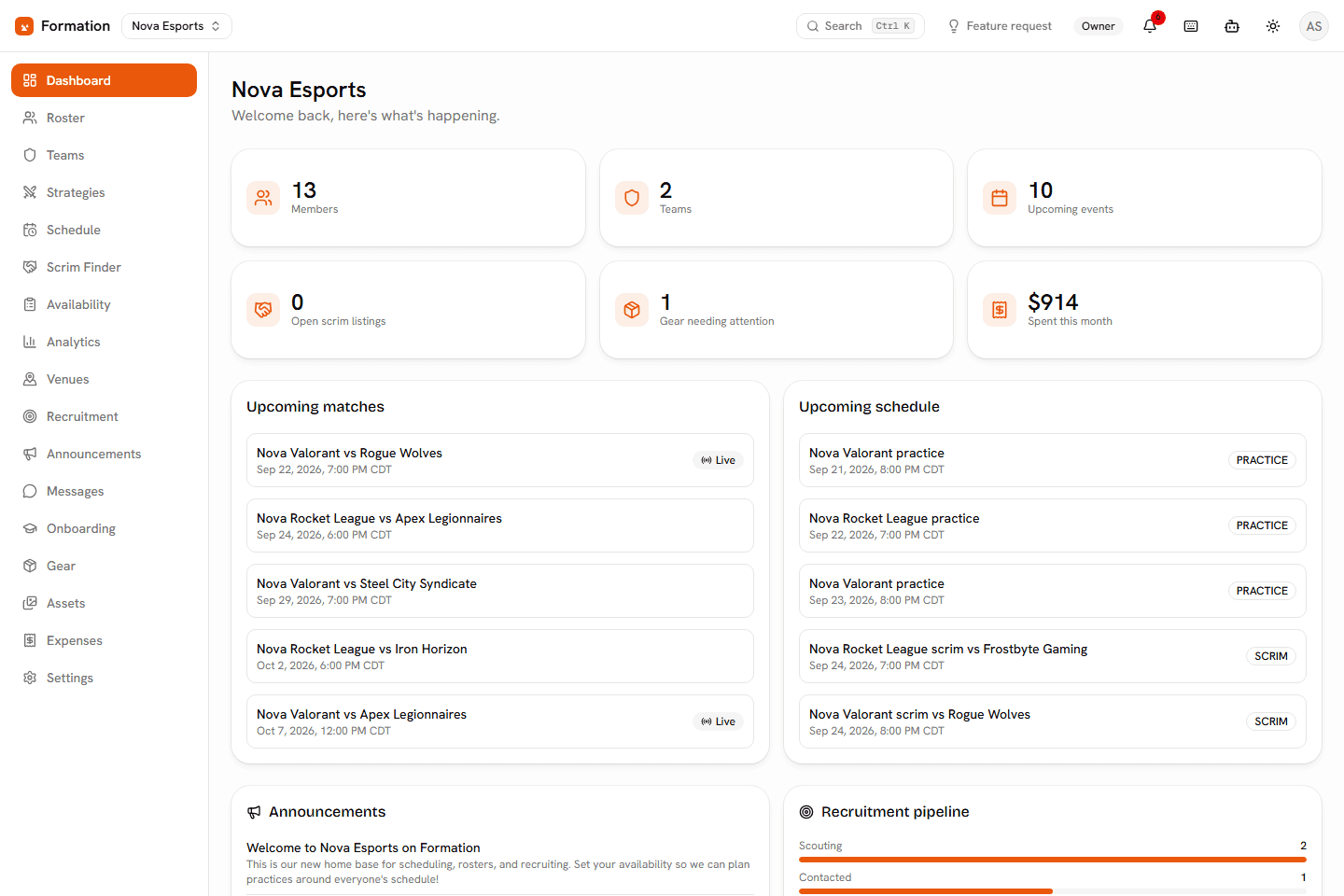 Formation dashboard showing upcoming matches, announcements, and team performance