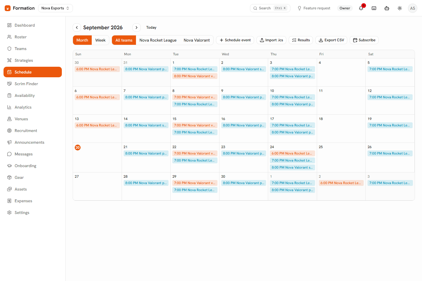 Formation schedule calendar showing matches and practices across two teams