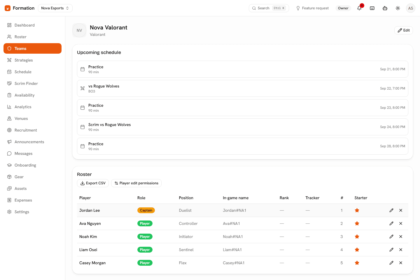 Formation team page showing roster, pinned resources, and a poll